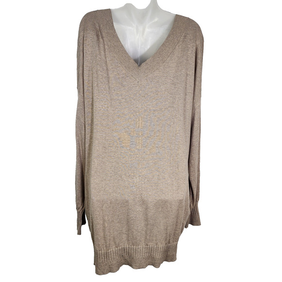Victoria Secret Tunic Sweater Large Tan Cashmere Blend V Neck Pocket Ribbed Trim - Picture 2 of 12